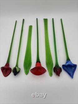 Hand Blown Murano Style Glass Flowers Multicolor Long Stem Set/7