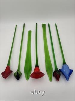 Hand Blown Murano Style Glass Flowers Multicolor Long Stem Set/7