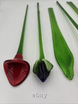 Hand Blown Murano Style Glass Flowers Multicolor Long Stem Set/7