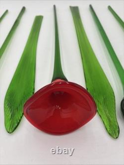 Hand Blown Murano Style Glass Flowers Multicolor Long Stem Set/7