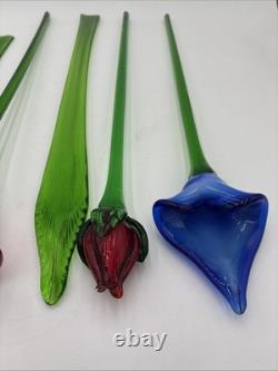 Hand Blown Murano Style Glass Flowers Multicolor Long Stem Set/7