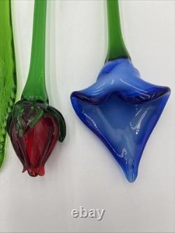 Hand Blown Murano Style Glass Flowers Multicolor Long Stem Set/7