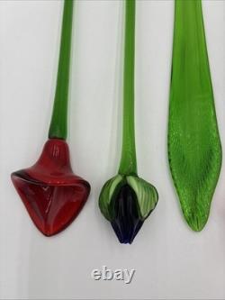Hand Blown Murano Style Glass Flowers Multicolor Long Stem Set/7