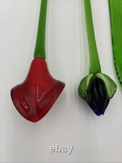 Hand Blown Murano Style Glass Flowers Multicolor Long Stem Set/7