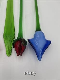 Hand Blown Murano Style Glass Flowers Multicolor Long Stem Set/7