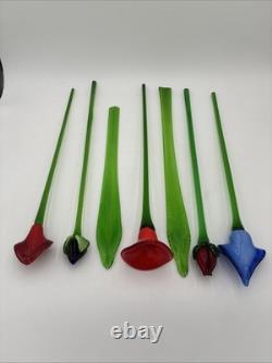 Hand Blown Murano Style Glass Flowers Multicolor Long Stem Set/7