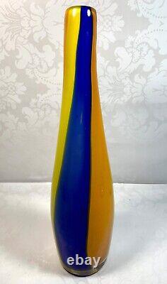 Hand Blown Murano (Style) Glass Vase Blue Orange Yellow Striped Bent Neck