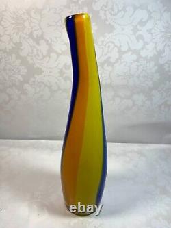 Hand Blown Murano (Style) Glass Vase Blue Orange Yellow Striped Bent Neck