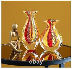 Hand Blown Murano Style Glass Vase Pair of Vases Red & Orange Brand New