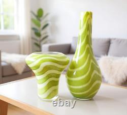 Hand Blown Murano Style Green & White Striped Swirl Art Glass Vases Set of 2