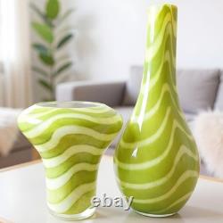 Hand Blown Murano Style Green & White Striped Swirl Art Glass Vases Set of 2