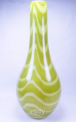 Hand Blown Murano Style Green & White Striped Swirl Art Glass Vases Set of 2