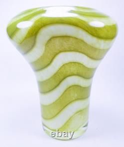 Hand Blown Murano Style Green & White Striped Swirl Art Glass Vases Set of 2