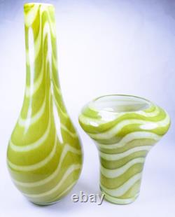 Hand Blown Murano Style Green & White Striped Swirl Art Glass Vases Set of 2