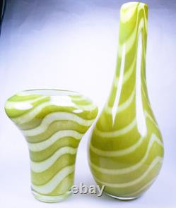 Hand Blown Murano Style Green & White Striped Swirl Art Glass Vases Set of 2
