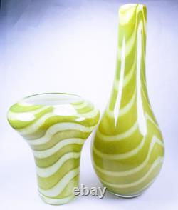 Hand Blown Murano Style Green & White Striped Swirl Art Glass Vases Set of 2