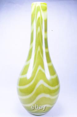 Hand Blown Murano Style Green & White Striped Swirl Art Glass Vases Set of 2