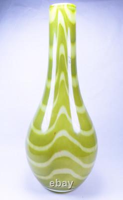 Hand Blown Murano Style Green & White Striped Swirl Art Glass Vases Set of 2