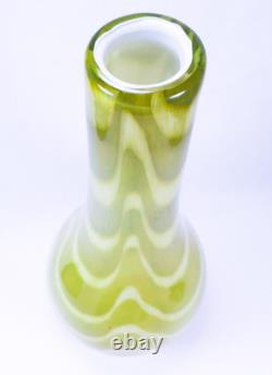 Hand Blown Murano Style Green & White Striped Swirl Art Glass Vases Set of 2