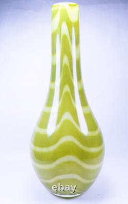 Hand Blown Murano Style Green & White Striped Swirl Art Glass Vases Set of 2
