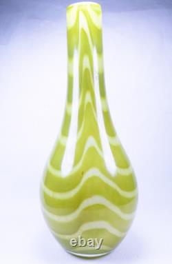 Hand Blown Murano Style Green & White Striped Swirl Art Glass Vases Set of 2