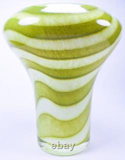 Hand Blown Murano Style Green & White Striped Swirl Art Glass Vases Set of 2