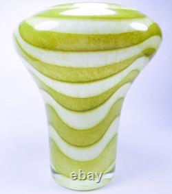 Hand Blown Murano Style Green & White Striped Swirl Art Glass Vases Set of 2