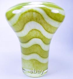 Hand Blown Murano Style Green & White Striped Swirl Art Glass Vases Set of 2