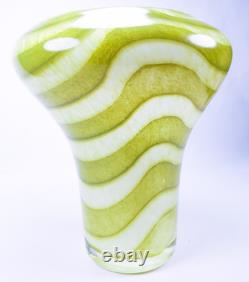 Hand Blown Murano Style Green & White Striped Swirl Art Glass Vases Set of 2
