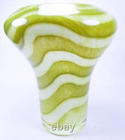Hand Blown Murano Style Green & White Striped Swirl Art Glass Vases Set of 2