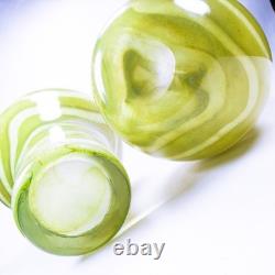 Hand Blown Murano Style Green & White Striped Swirl Art Glass Vases Set of 2