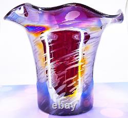 Hand Blown Murano Style Iridescent Ruffled Rim Handkerchief Art Glass Vase 10.5