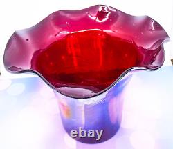 Hand Blown Murano Style Iridescent Ruffled Rim Handkerchief Art Glass Vase 10.5