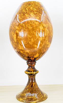 Hand Blown Murano Style Large 19.5 Tall Amber Tortiose Glass Pedestal Vase Vtg