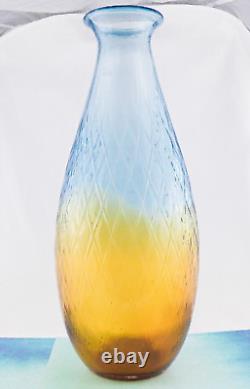 Hand Blown Murano Style Large Art Glass Vase Textured Amber Blue 17 1/4 Tall