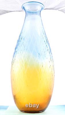 Hand Blown Murano Style Large Art Glass Vase Textured Amber Blue 17 1/4 Tall