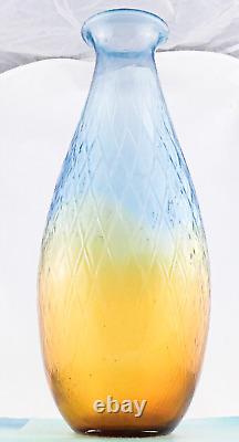 Hand Blown Murano Style Large Art Glass Vase Textured Amber Blue 17 1/4 Tall