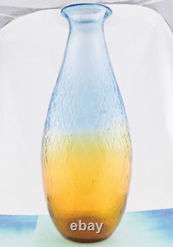 Hand Blown Murano Style Large Art Glass Vase Textured Amber Blue 17 1/4 Tall