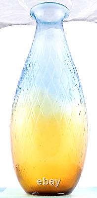 Hand Blown Murano Style Large Art Glass Vase Textured Amber Blue 17 1/4 Tall