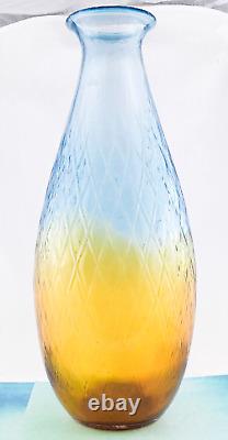 Hand Blown Murano Style Large Art Glass Vase Textured Amber Blue 17 1/4 Tall