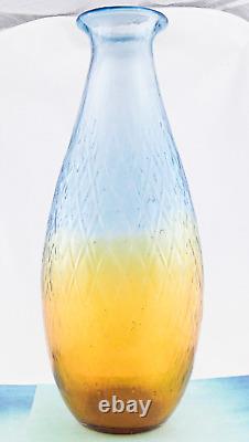 Hand Blown Murano Style Large Art Glass Vase Textured Amber Blue 17 1/4 Tall