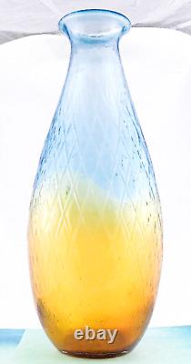 Hand Blown Murano Style Large Art Glass Vase Textured Amber Blue 17 1/4 Tall