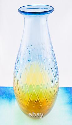 Hand Blown Murano Style Large Art Glass Vase Textured Amber Blue 17 1/4 Tall