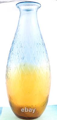 Hand Blown Murano Style Large Art Glass Vase Textured Amber Blue 17 1/4 Tall