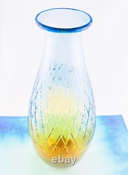 Hand Blown Murano Style Large Art Glass Vase Textured Amber Blue 17 1/4 Tall