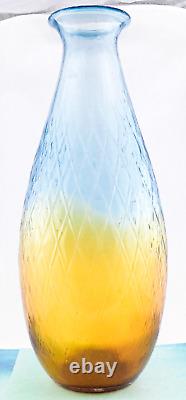 Hand Blown Murano Style Large Art Glass Vase Textured Amber Blue 17 1/4 Tall