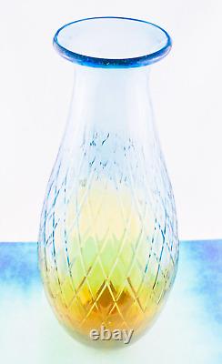 Hand Blown Murano Style Large Art Glass Vase Textured Amber Blue 17 1/4 Tall