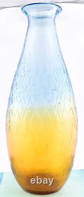 Hand Blown Murano Style Large Art Glass Vase Textured Amber Blue 17 1/4 Tall