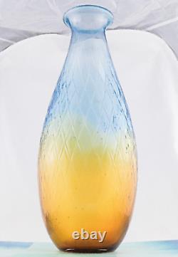 Hand Blown Murano Style Large Art Glass Vase Textured Amber Blue 17 1/4 Tall