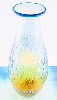 Hand Blown Murano Style Large Art Glass Vase Textured Amber Blue 17 1/4 Tall